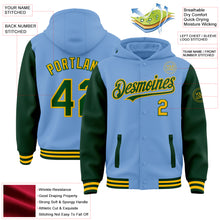 Load image into Gallery viewer, Custom Light Blue Green-Gold Bomber Full-Snap Varsity Letterman Two Tone Hoodie Jacket
