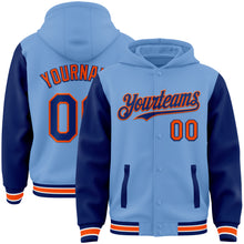 Load image into Gallery viewer, Custom Light Blue Royal-Orange Bomber Full-Snap Varsity Letterman Two Tone Hoodie Jacket