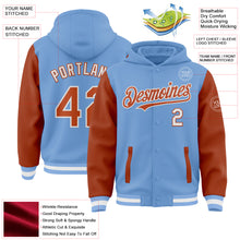 Load image into Gallery viewer, Custom Light Blue Texas Orange-White Bomber Full-Snap Varsity Letterman Two Tone Hoodie Jacket