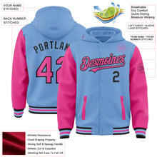 Load image into Gallery viewer, Custom Light Blue Pink-Black Bomber Full-Snap Varsity Letterman Two Tone Hoodie Jacket
