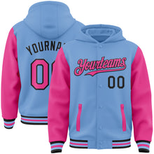 Load image into Gallery viewer, Custom Light Blue Pink-Black Bomber Full-Snap Varsity Letterman Two Tone Hoodie Jacket