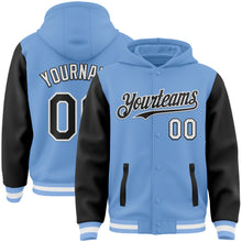 Load image into Gallery viewer, Custom Light Blue Black-White Bomber Full-Snap Varsity Letterman Two Tone Hoodie Jacket