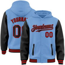 Load image into Gallery viewer, Custom Light Blue Black-Red Bomber Full-Snap Varsity Letterman Two Tone Hoodie Jacket