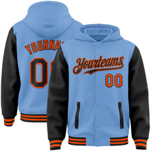 Load image into Gallery viewer, Custom Light Blue Black-Orange Bomber Full-Snap Varsity Letterman Two Tone Hoodie Jacket