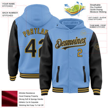 Load image into Gallery viewer, Custom Light Blue Black-Old Gold Bomber Full-Snap Varsity Letterman Two Tone Hoodie Jacket