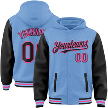 Load image into Gallery viewer, Custom Light Blue Black-Pink Bomber Full-Snap Varsity Letterman Two Tone Hoodie Jacket