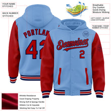 Load image into Gallery viewer, Custom Light Blue Red-Navy Bomber Full-Snap Varsity Letterman Two Tone Hoodie Jacket