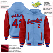 Load image into Gallery viewer, Custom Light Blue Red-Royal Bomber Full-Snap Varsity Letterman Two Tone Hoodie Jacket