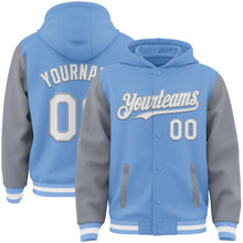 Load image into Gallery viewer, Custom Light Blue White-Gray Bomber Full-Snap Varsity Letterman Two Tone Hoodie Jacket