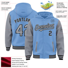 Load image into Gallery viewer, Custom Light Blue Gray-Black Bomber Full-Snap Varsity Letterman Two Tone Hoodie Jacket