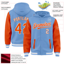 Load image into Gallery viewer, Custom Light Blue Orange-White Bomber Full-Snap Varsity Letterman Two Tone Hoodie Jacket
