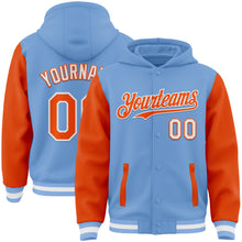 Load image into Gallery viewer, Custom Light Blue Orange-White Bomber Full-Snap Varsity Letterman Two Tone Hoodie Jacket