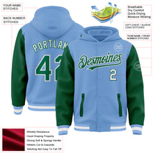 Load image into Gallery viewer, Custom Light Blue Kelly Green-White Bomber Full-Snap Varsity Letterman Two Tone Hoodie Jacket