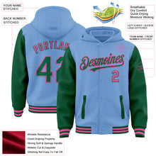 Load image into Gallery viewer, Custom Light Blue Kelly Green-Pink Bomber Full-Snap Varsity Letterman Two Tone Hoodie Jacket