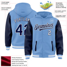 Load image into Gallery viewer, Custom Light Blue Navy-White Bomber Full-Snap Varsity Letterman Two Tone Hoodie Jacket