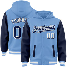 Load image into Gallery viewer, Custom Light Blue Navy-White Bomber Full-Snap Varsity Letterman Two Tone Hoodie Jacket