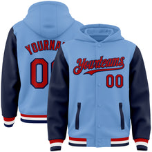 Load image into Gallery viewer, Custom Light Blue Red-Navy Bomber Full-Snap Varsity Letterman Two Tone Hoodie Jacket