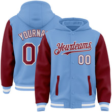 Load image into Gallery viewer, Custom Light Blue Crimson-White Bomber Full-Snap Varsity Letterman Two Tone Hoodie Jacket