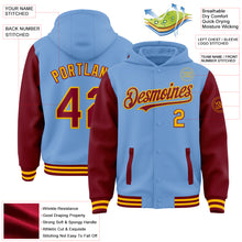 Load image into Gallery viewer, Custom Light Blue Crimson-Gold Bomber Full-Snap Varsity Letterman Two Tone Hoodie Jacket