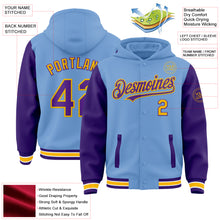 Load image into Gallery viewer, Custom Light Blue Purple-Gold Bomber Full-Snap Varsity Letterman Two Tone Hoodie Jacket