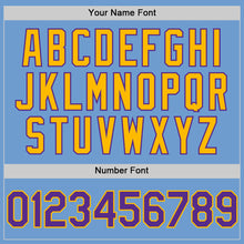 Load image into Gallery viewer, Custom Light Blue Purple-Gold Bomber Full-Snap Varsity Letterman Two Tone Hoodie Jacket