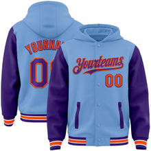 Load image into Gallery viewer, Custom Light Blue Purple-Orange Bomber Full-Snap Varsity Letterman Two Tone Hoodie Jacket