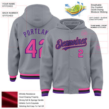 Load image into Gallery viewer, Custom Gray Pink Purple-Black Bomber Full-Snap Varsity Letterman Hoodie Jacket