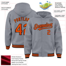Load image into Gallery viewer, Custom Gray Orange-Black Bomber Full-Snap Varsity Letterman Hoodie Jacket