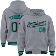 Load image into Gallery viewer, Custom Gray Black-Teal Bomber Full-Snap Varsity Letterman Hoodie Jacket