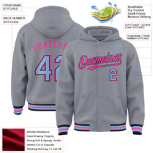 Load image into Gallery viewer, Custom Gray Light Blue Black-Pink Bomber Full-Snap Varsity Letterman Hoodie Jacket
