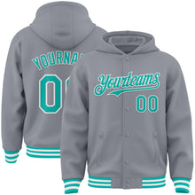 Load image into Gallery viewer, Custom Gray Aqua-White Bomber Full-Snap Varsity Letterman Hoodie Jacket