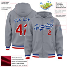 Load image into Gallery viewer, Custom Gray Red-Royal Bomber Full-Snap Varsity Letterman Hoodie Jacket