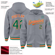 Load image into Gallery viewer, Custom Gray Kelly Green-Orange Bomber Full-Snap Varsity Letterman Hoodie Jacket