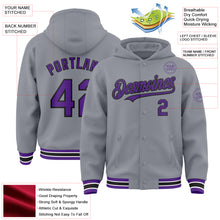 Load image into Gallery viewer, Custom Gray Purple-Black Bomber Full-Snap Varsity Letterman Hoodie Jacket