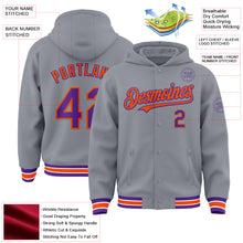 Load image into Gallery viewer, Custom Gray Purple-Orange Bomber Full-Snap Varsity Letterman Hoodie Jacket