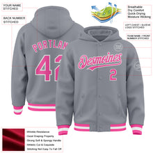Load image into Gallery viewer, Custom Gray Pink-White Bomber Full-Snap Varsity Letterman Hoodie Jacket