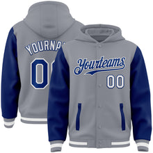 Load image into Gallery viewer, Custom Gray Royal-White Bomber Full-Snap Varsity Letterman Two Tone Hoodie Jacket
