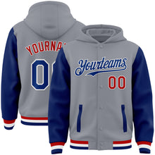 Load image into Gallery viewer, Custom Gray Royal-Red Bomber Full-Snap Varsity Letterman Two Tone Hoodie Jacket