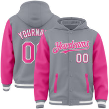 Load image into Gallery viewer, Custom Gray Pink-White Bomber Full-Snap Varsity Letterman Two Tone Hoodie Jacket
