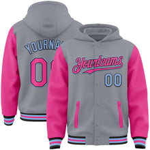 Load image into Gallery viewer, Custom Gray Pink Black-Light Blue Bomber Full-Snap Varsity Letterman Two Tone Hoodie Jacket