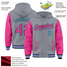Load image into Gallery viewer, Custom Gray Pink Black-Sky Blue Bomber Full-Snap Varsity Letterman Two Tone Hoodie Jacket