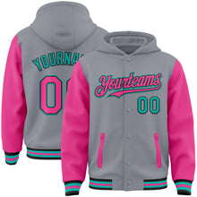 Load image into Gallery viewer, Custom Gray Pink Black-Aqua Bomber Full-Snap Varsity Letterman Two Tone Hoodie Jacket