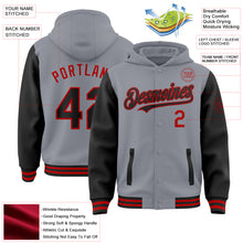 Load image into Gallery viewer, Custom Gray Black-Red Bomber Full-Snap Varsity Letterman Two Tone Hoodie Jacket