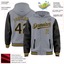 Load image into Gallery viewer, Custom Gray Black-Old Gold Bomber Full-Snap Varsity Letterman Two Tone Hoodie Jacket
