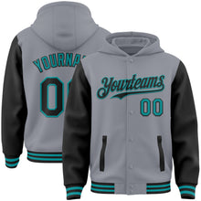 Load image into Gallery viewer, Custom Gray Black-Teal Bomber Full-Snap Varsity Letterman Two Tone Hoodie Jacket