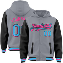 Load image into Gallery viewer, Custom Gray Sky Blue Black-Pink Bomber Full-Snap Varsity Letterman Two Tone Hoodie Jacket