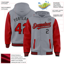 Load image into Gallery viewer, Custom Gray Red-Black Bomber Full-Snap Varsity Letterman Two Tone Hoodie Jacket