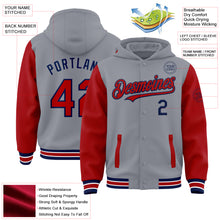 Load image into Gallery viewer, Custom Gray Red-Navy Bomber Full-Snap Varsity Letterman Two Tone Hoodie Jacket