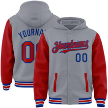 Load image into Gallery viewer, Custom Gray Red-Royal Bomber Full-Snap Varsity Letterman Two Tone Hoodie Jacket