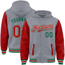 Load image into Gallery viewer, Custom Gray Red-Kelly Green Bomber Full-Snap Varsity Letterman Two Tone Hoodie Jacket